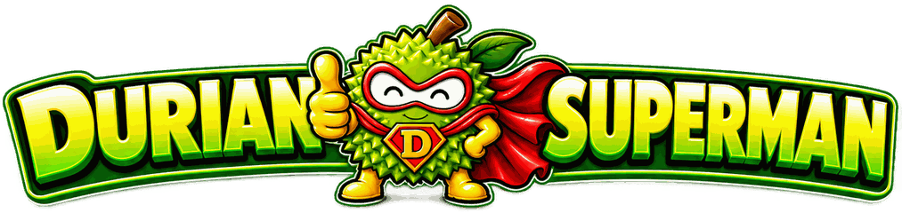 Durian Superman logo — durian mascot in a red cape and yellow boots between the words Durian Superman