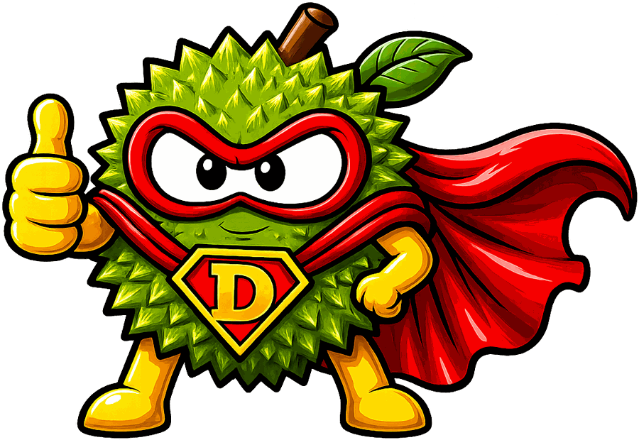 Durian Superman mascot — a durian in a red mask and cape, giving a thumbs up