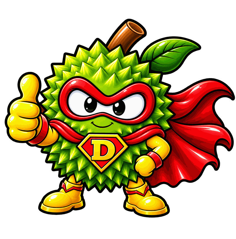 Durian Superman mascot — a durian in a red cape, mask and yellow boots, grinning and giving a thumbs up