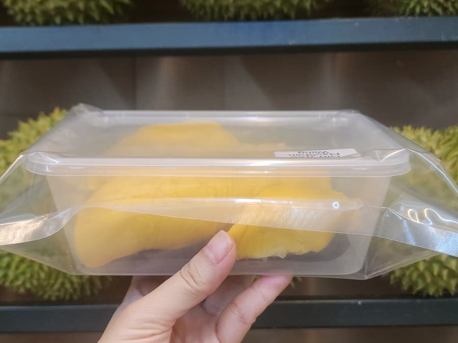 Vacuum-sealed 400g box of MSW durian, exactly as delivered