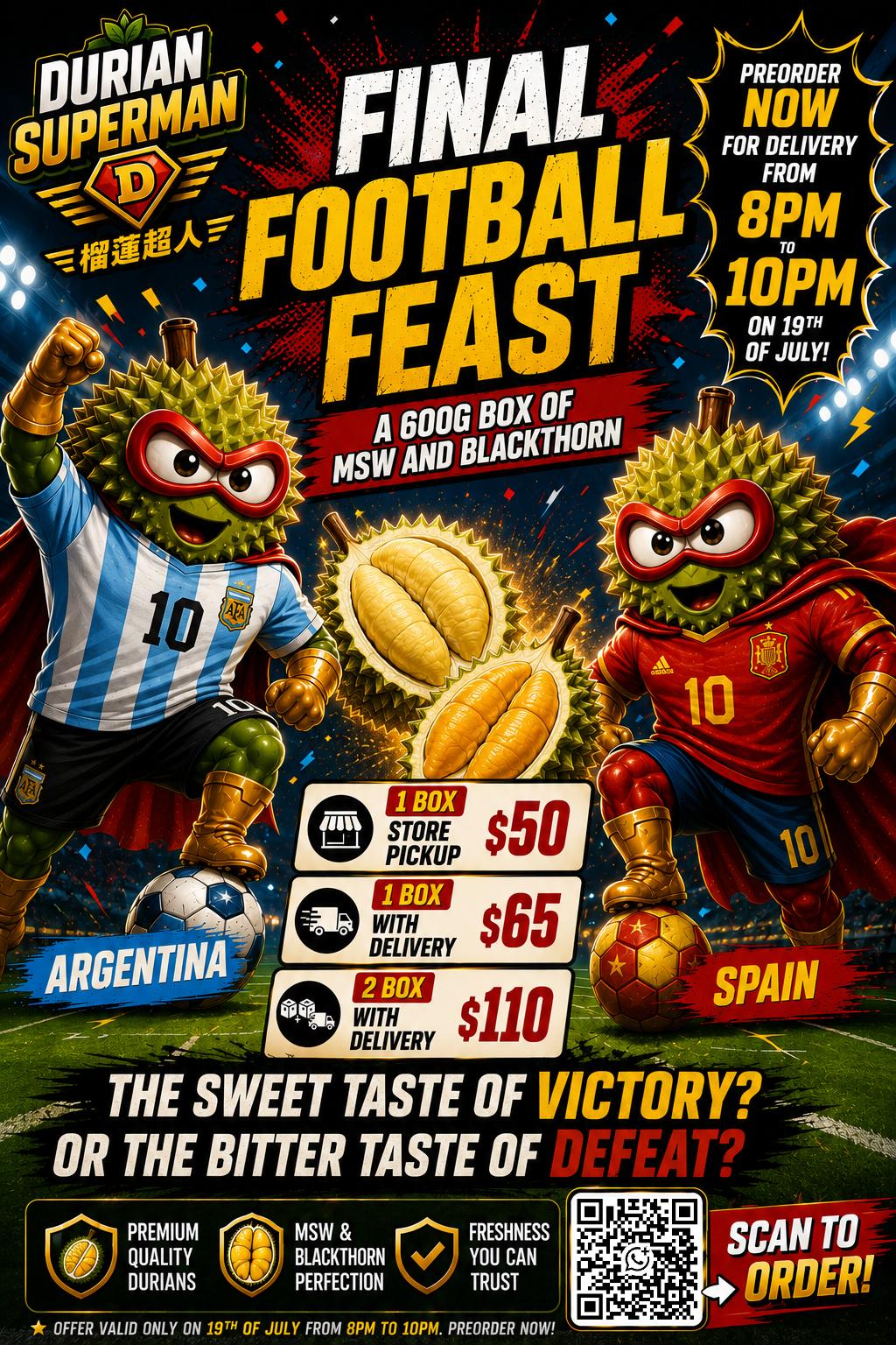 Final Football Feast poster: two durian superhero mascots in Argentina and Spain football kits face off over a 600g box of MSW and Black Thorn. One box $50 store pickup or $65 with delivery, two boxes with delivery $110. Preorder now for delivery 8pm to 10pm on 19 July. Chinese text: 榴莲超人 (Durian Superman).
